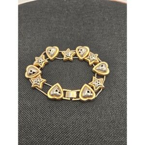 Vintage Two Tone Heart and Star Link Bracelet Gold Silver Tone 7 Inch
